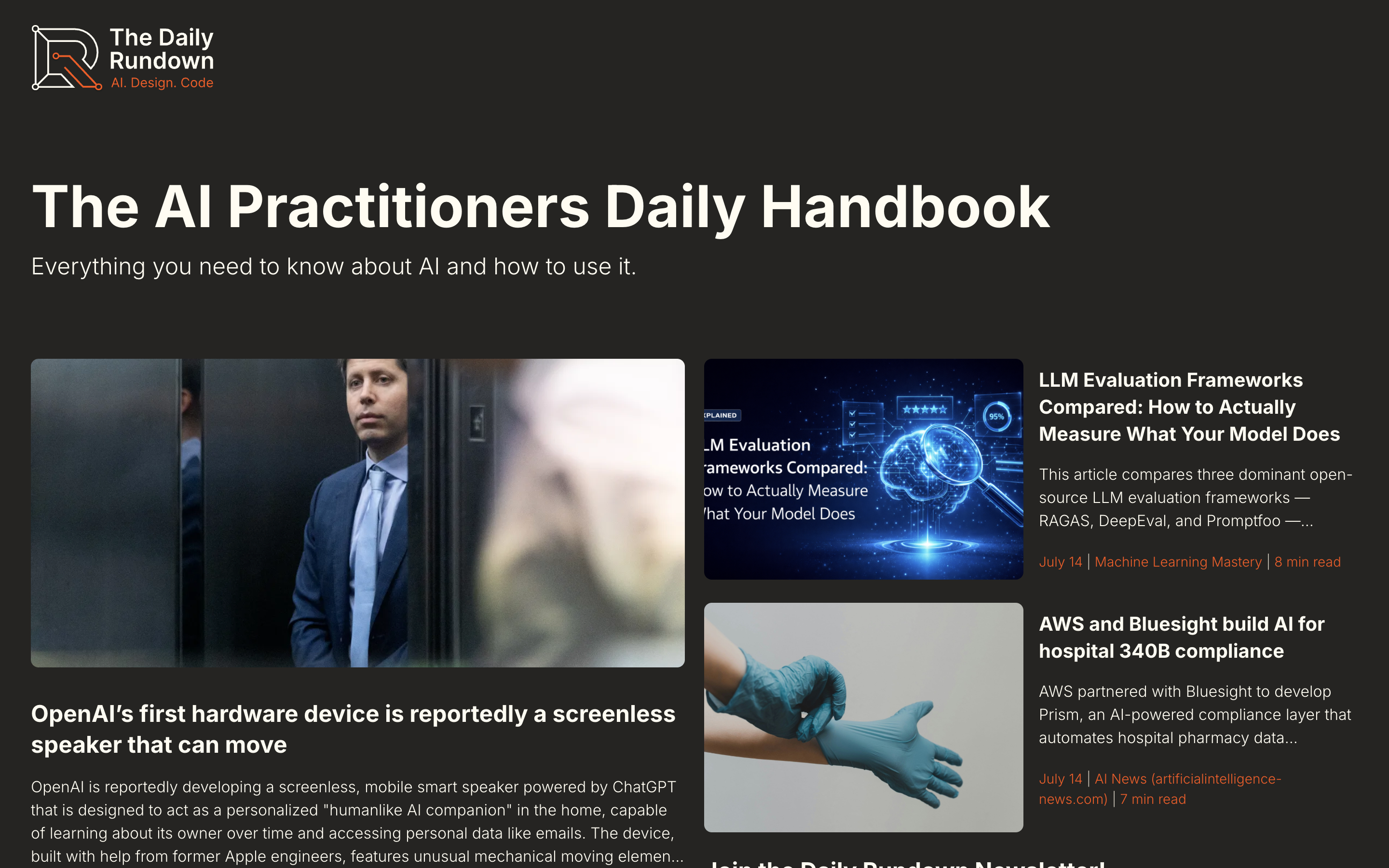 The Daily Rundown website — AI news aggregated and summarized, with article cards and a newsletter signup.