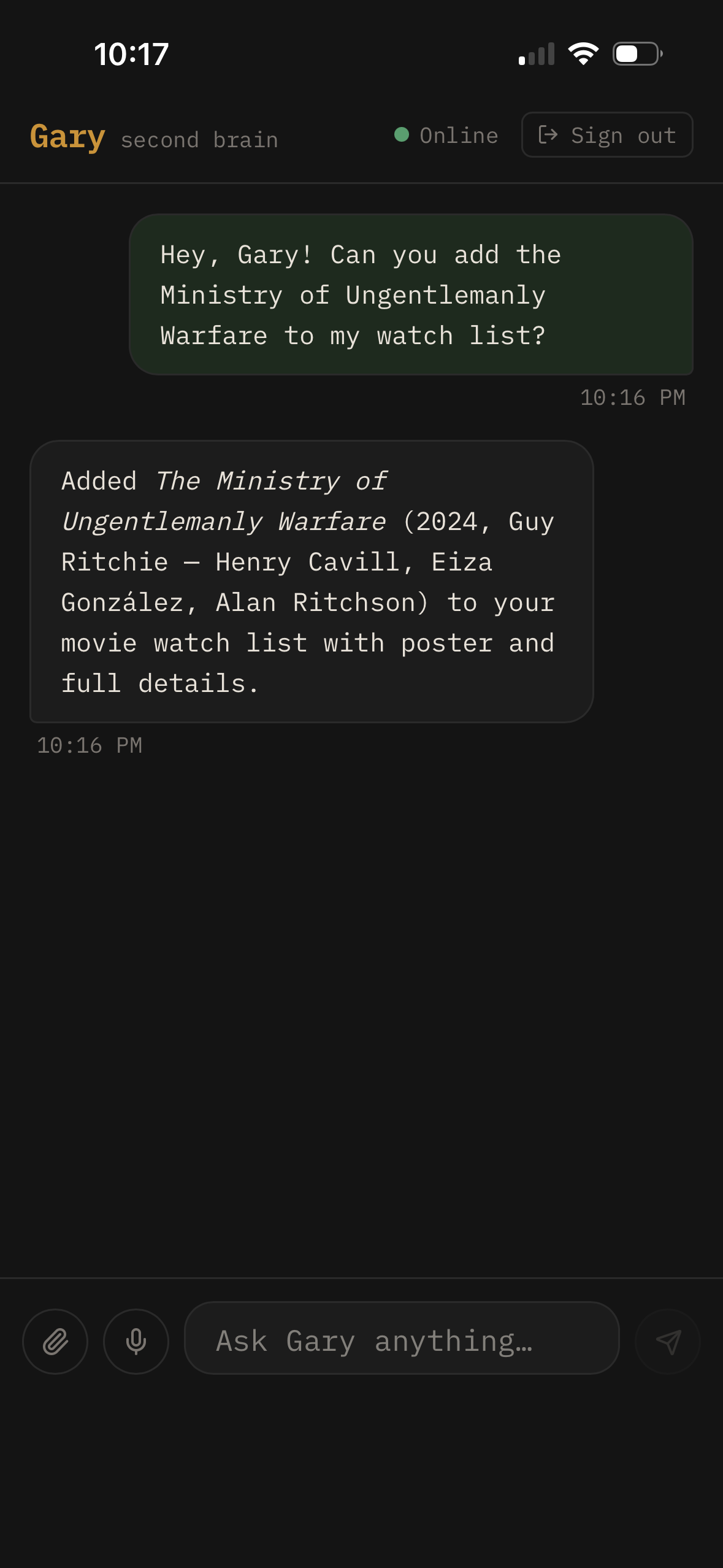 Gary chat — response confirming the movie was added with details.