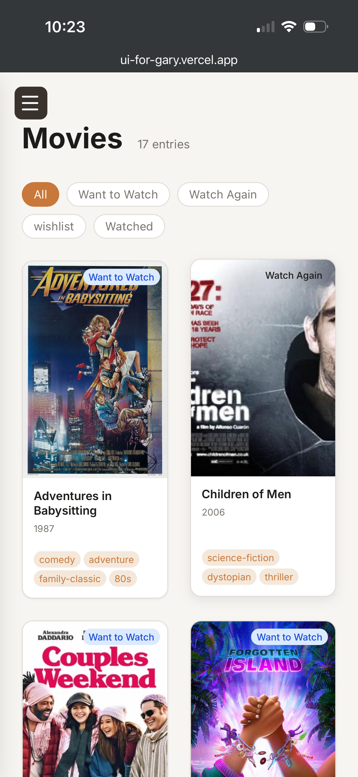 Gary visual UI — Movies view showing 17 entries with poster cards and filter tabs.