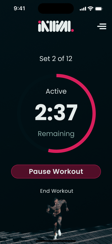 Mid-workout timer — Set 2 of 12, active phase with 2:37 remaining on the arc countdown.