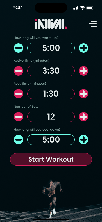 Interval Timer setup screen — warm-up, active time, rest time, sets, and cool-down, all configurable.