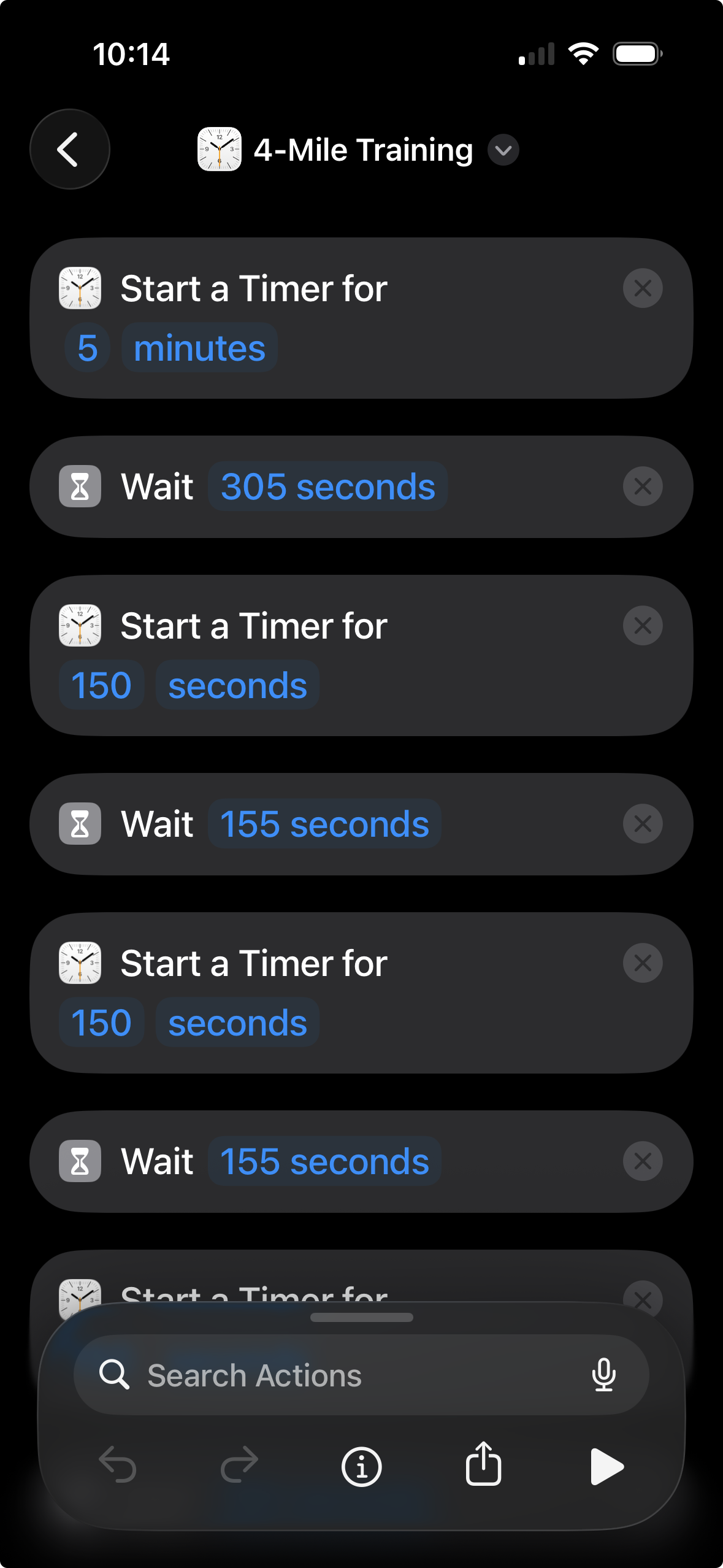 The Apple Shortcuts workaround — a chain of timers and waits, every wait 5 seconds longer than its timer or Siri gets cut off.