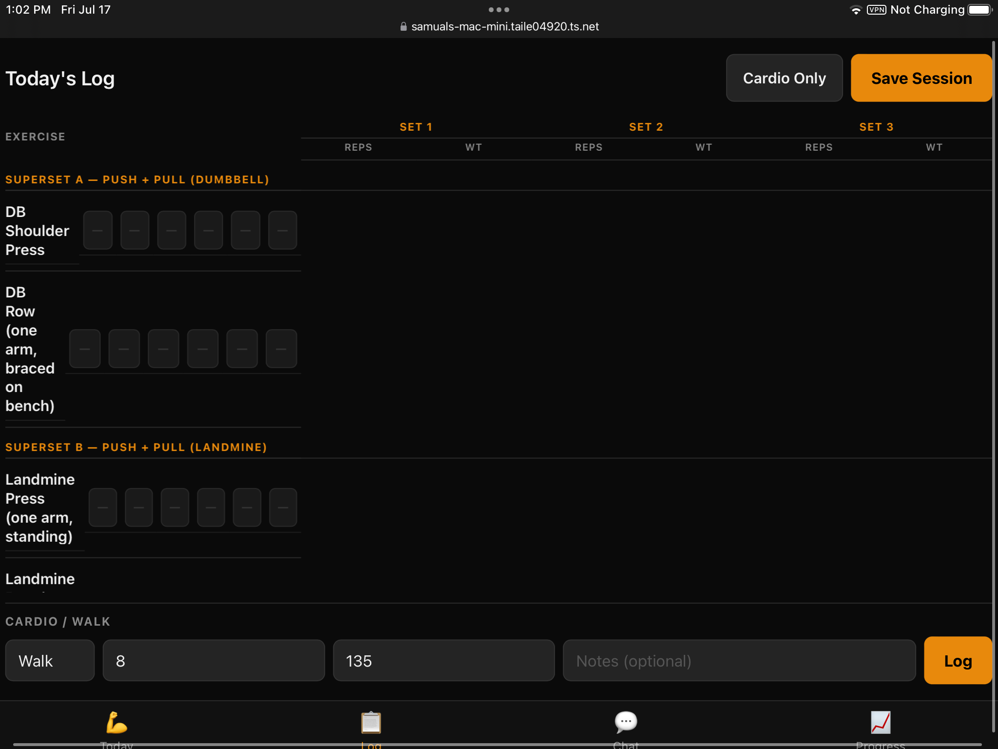 Mack workout log — Today's Log with reps and weight fields per set, cardio tracking at the bottom.