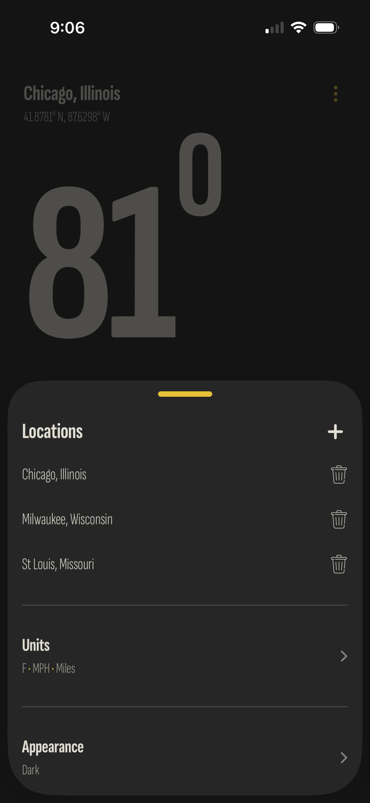 Minimus Weather locations drawer — manage saved cities with the Rams-palette sheet.