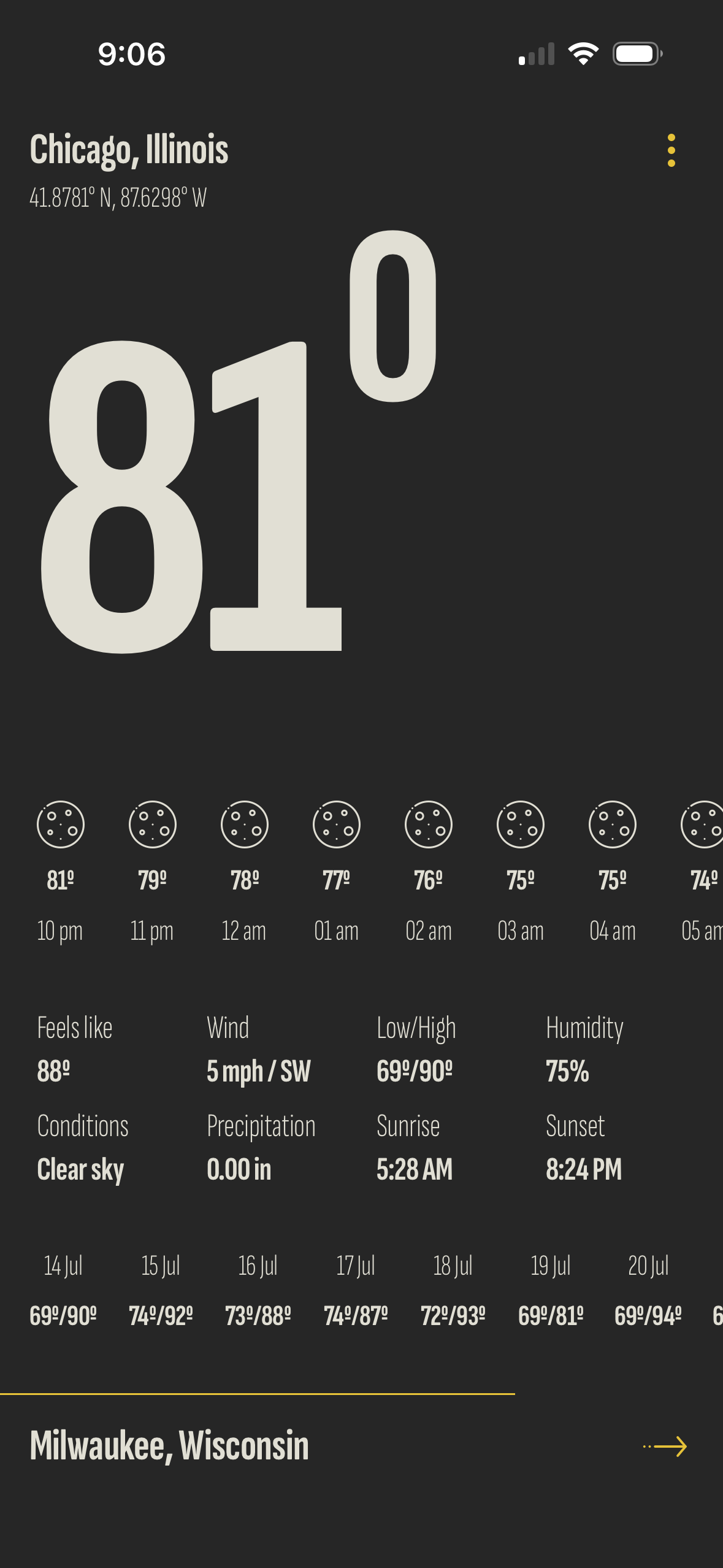 Minimus Weather dark mode — Chicago at 81°, with hourly forecast strip and conditions grid below.