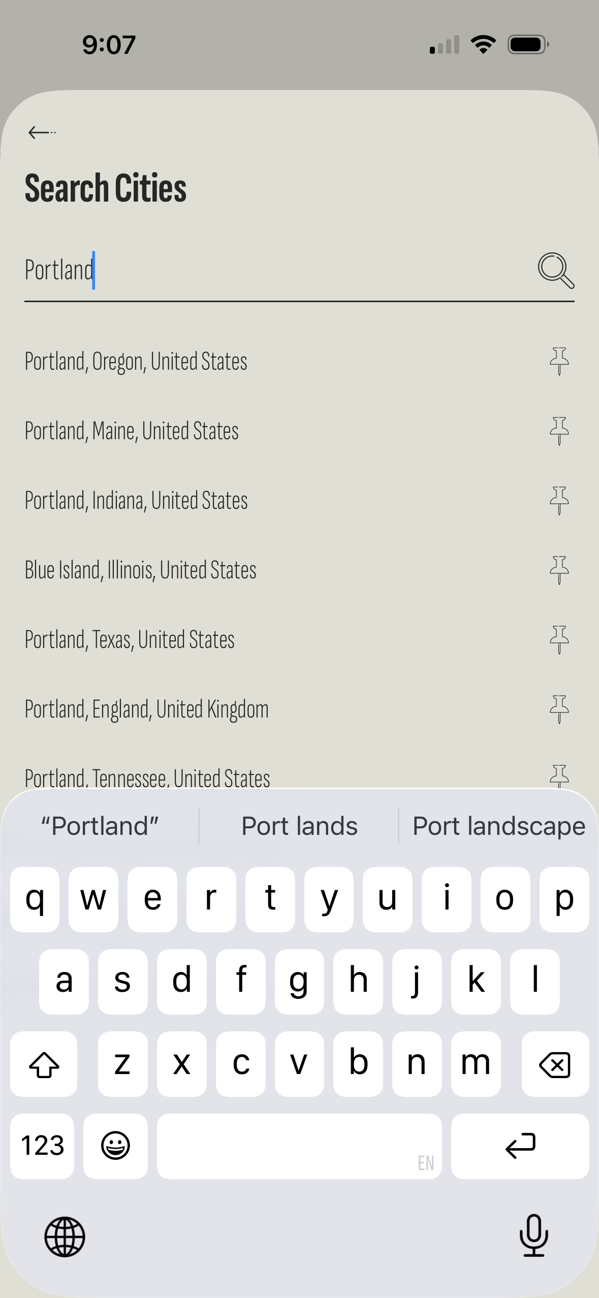 Minimus Weather light mode — Search Cities screen with city suggestions.