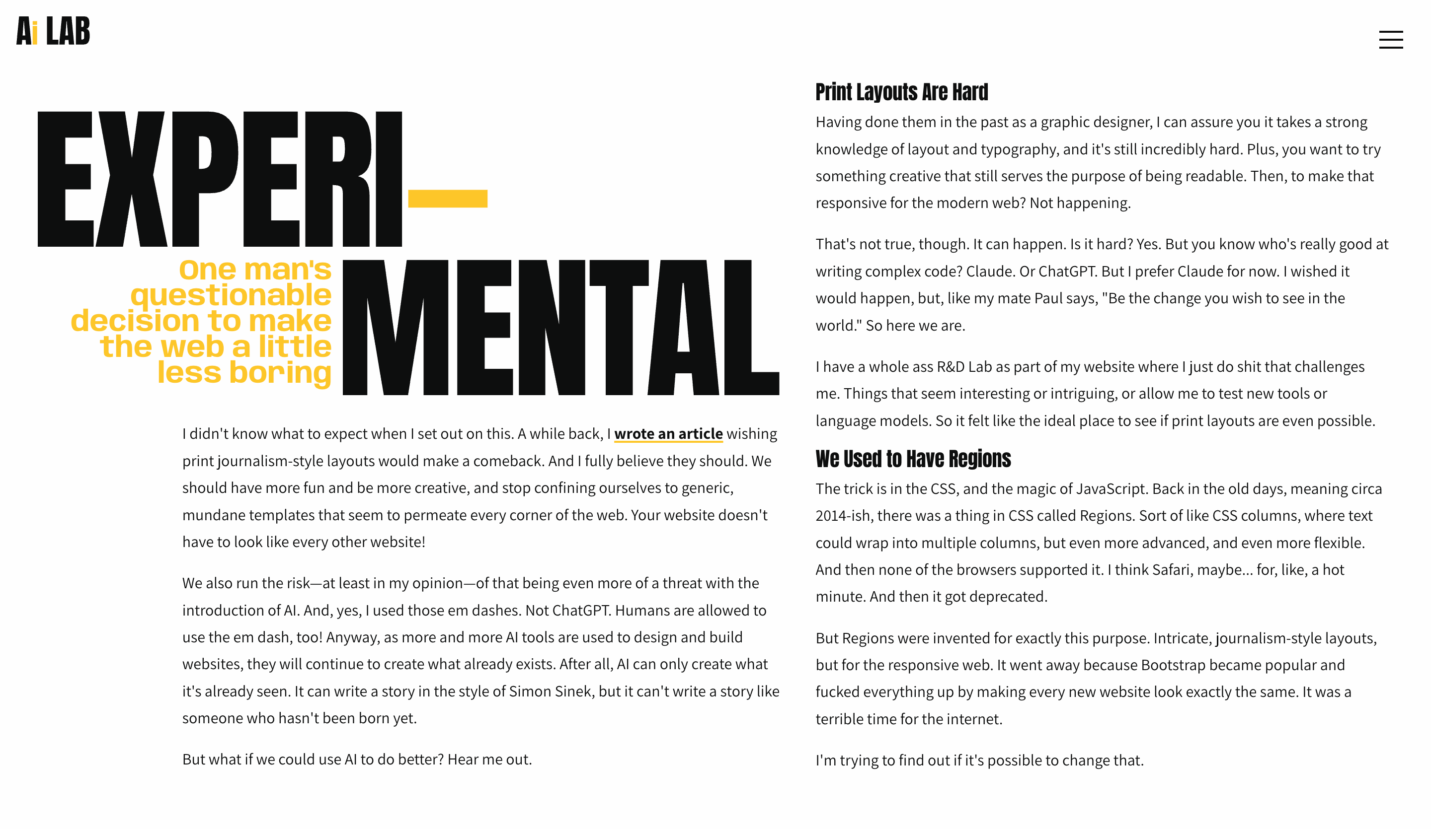 Experimental Layouts — the print journalism layout experiment. "EXPERI-MENTAL" in large asymmetric type with a two-column article layout alongside it.