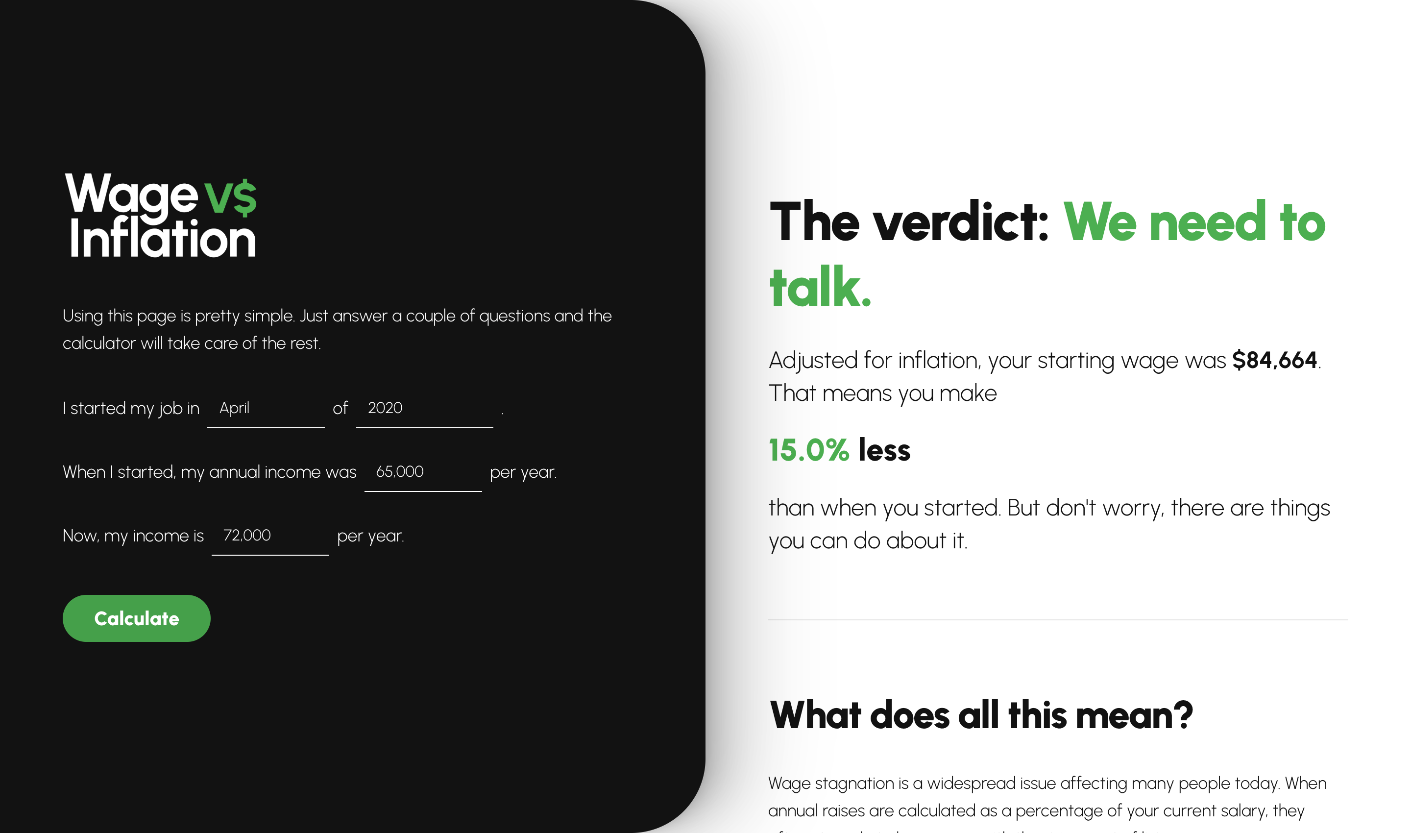 Wage vs Inflation result — "The verdict: We need to talk." You make 15% less than when you started.