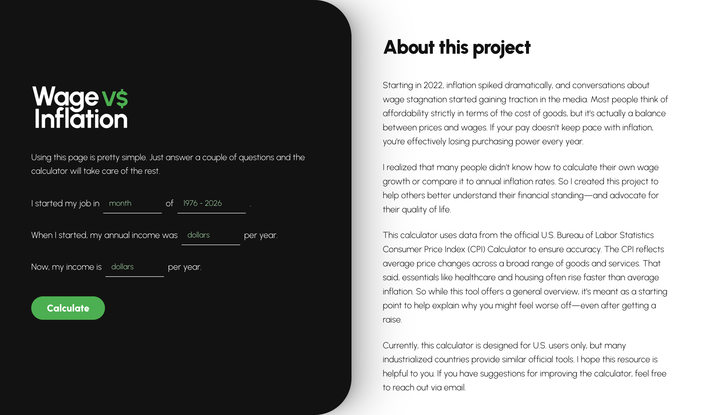 Wage vs Inflation start state — fill in your start month, starting salary, and current salary.