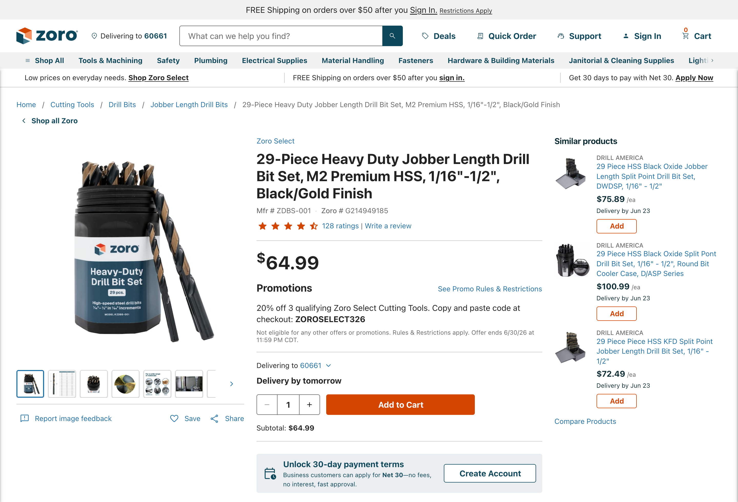 Zoro product detail page for a drill bit set priced at $64.99. Below the price, a 'Promotions' section shows plain text: '20% off 3 qualifying Zoro Select Cutting Tools. Copy and paste code at checkout: ZOROSELECT326.'