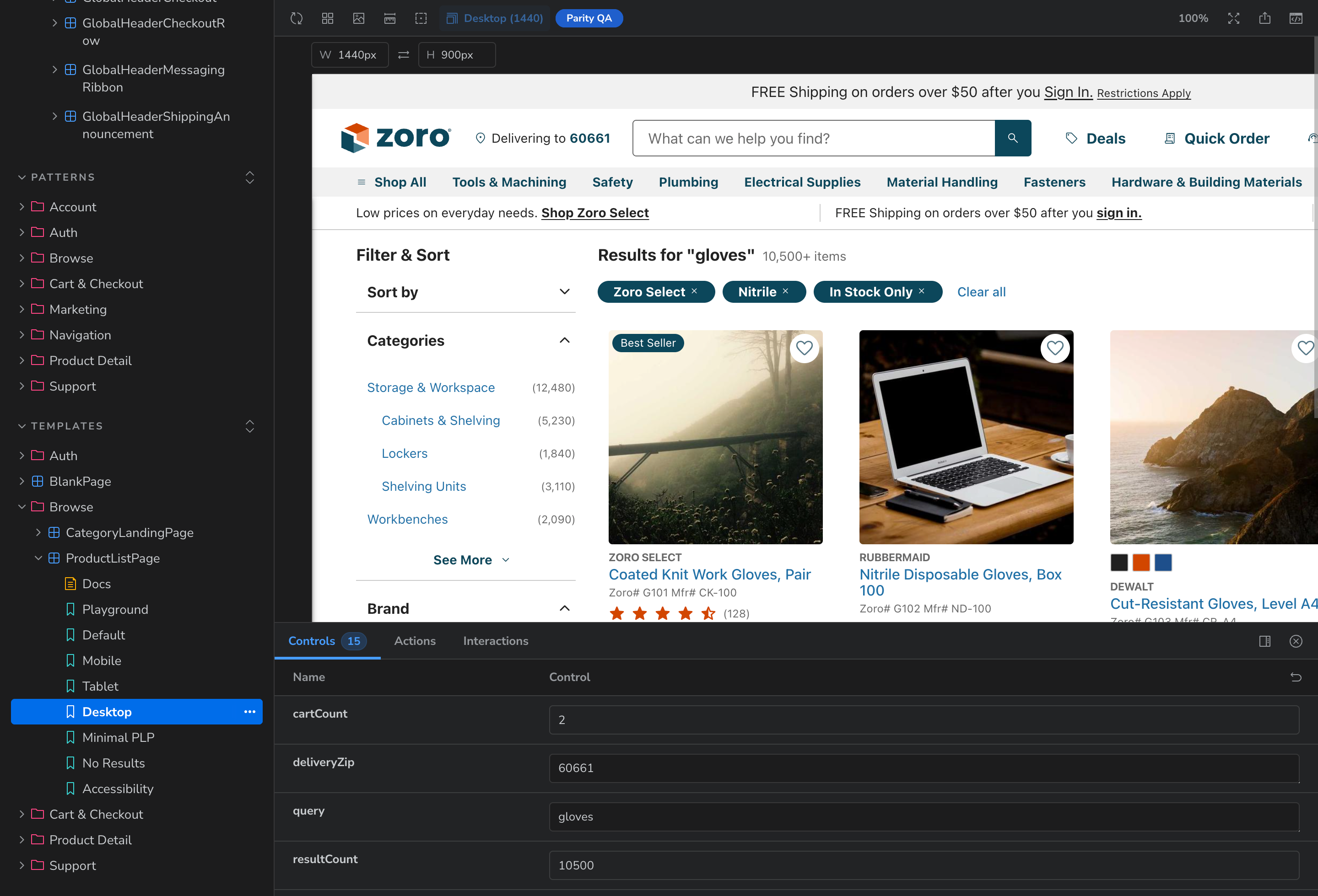 Storybook showing the ProductListPage template at desktop breakpoint with live props and a full search results page.