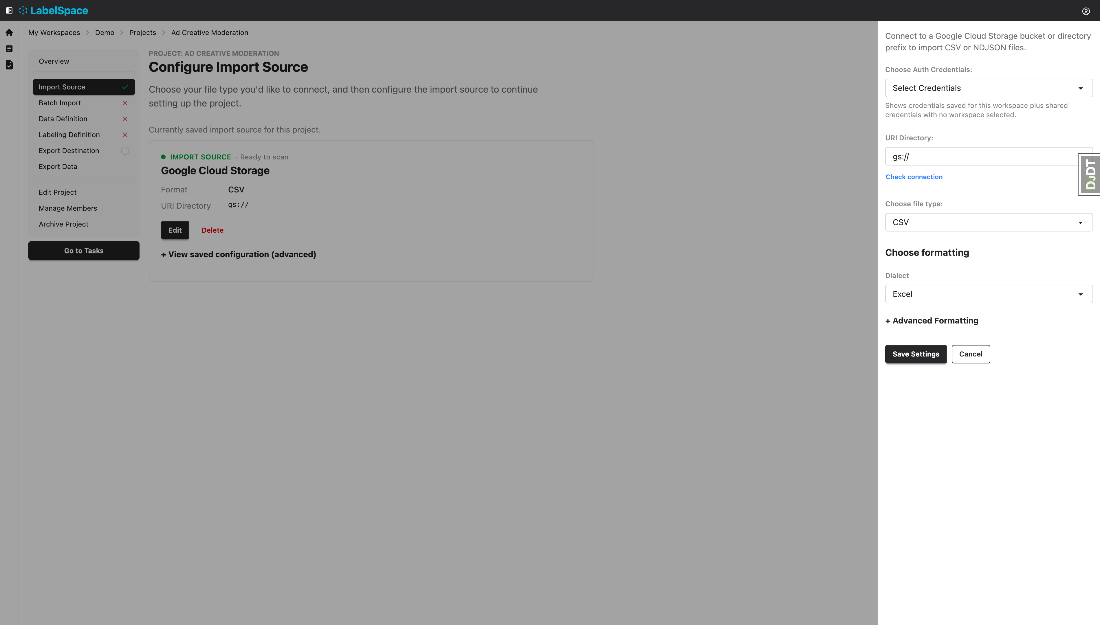 The HITL tool project configuration screen for 'Ad Creative Moderation'. Shows Google Cloud Storage as the data source, CSV format selected, with a right-side panel for credential URI and formatting configuration.