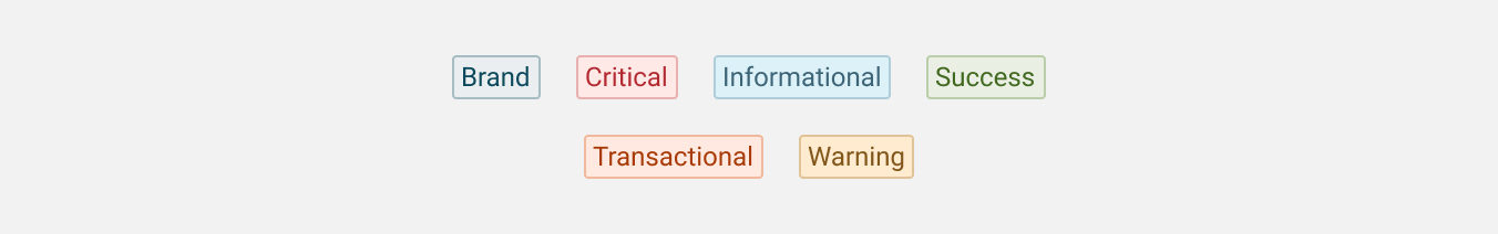 Six badge color variants arranged in two rows: Brand (teal), Critical (red), Informational (blue), Success (green), Transactional (orange), Warning (yellow-brown). Each uses a distinct semantic color with matching border and text.