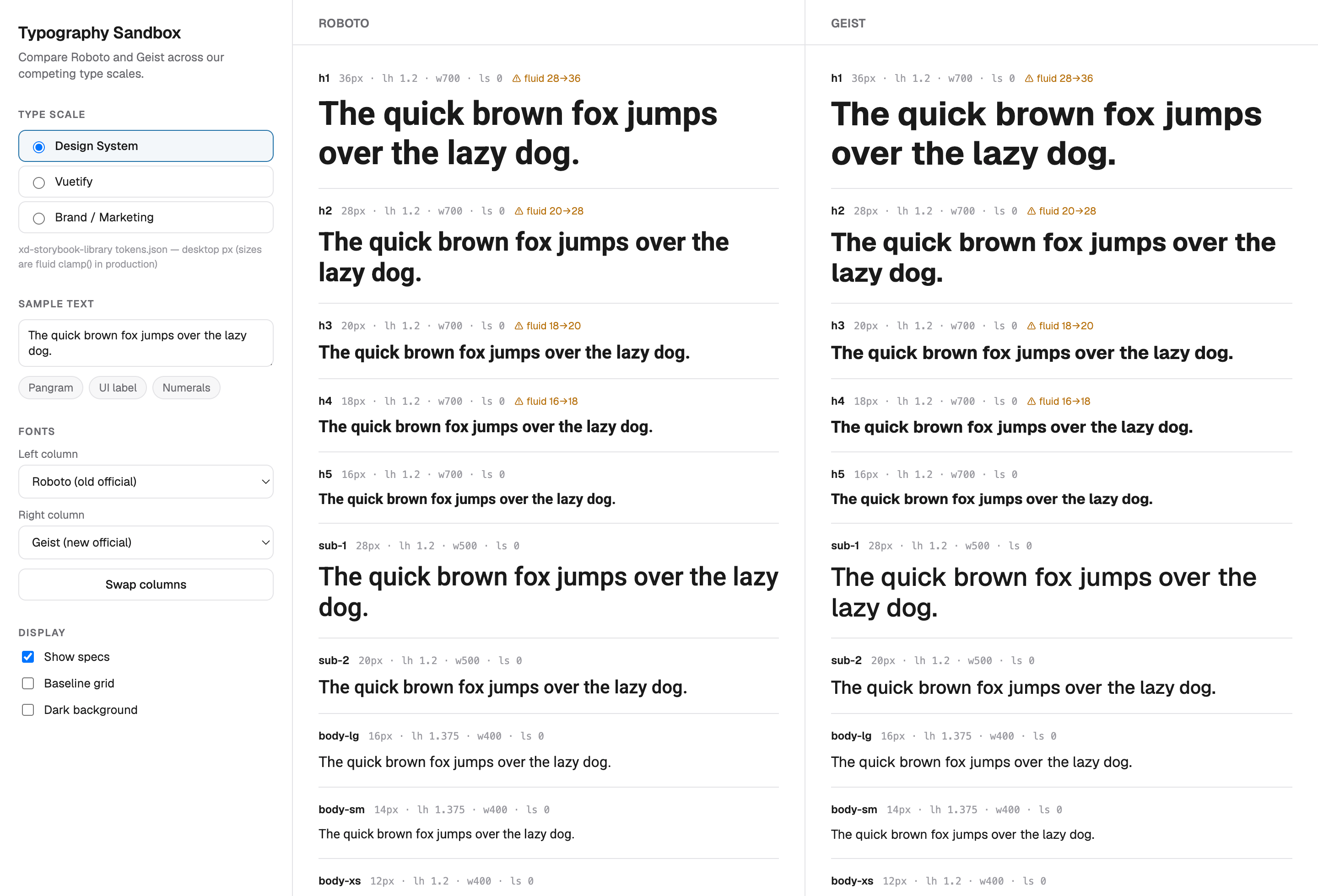 Typography Sandbox interface. Left panel has controls for selecting typescale (Design System, Vuetify, or Brand/Marketing), sample text, font selection for each column, and display options. Main area shows Roboto and Geist side by side across the full type scale from h1 through body-xs, with inline specs showing size, line-height, weight, letter-spacing, and fluid clamp values.