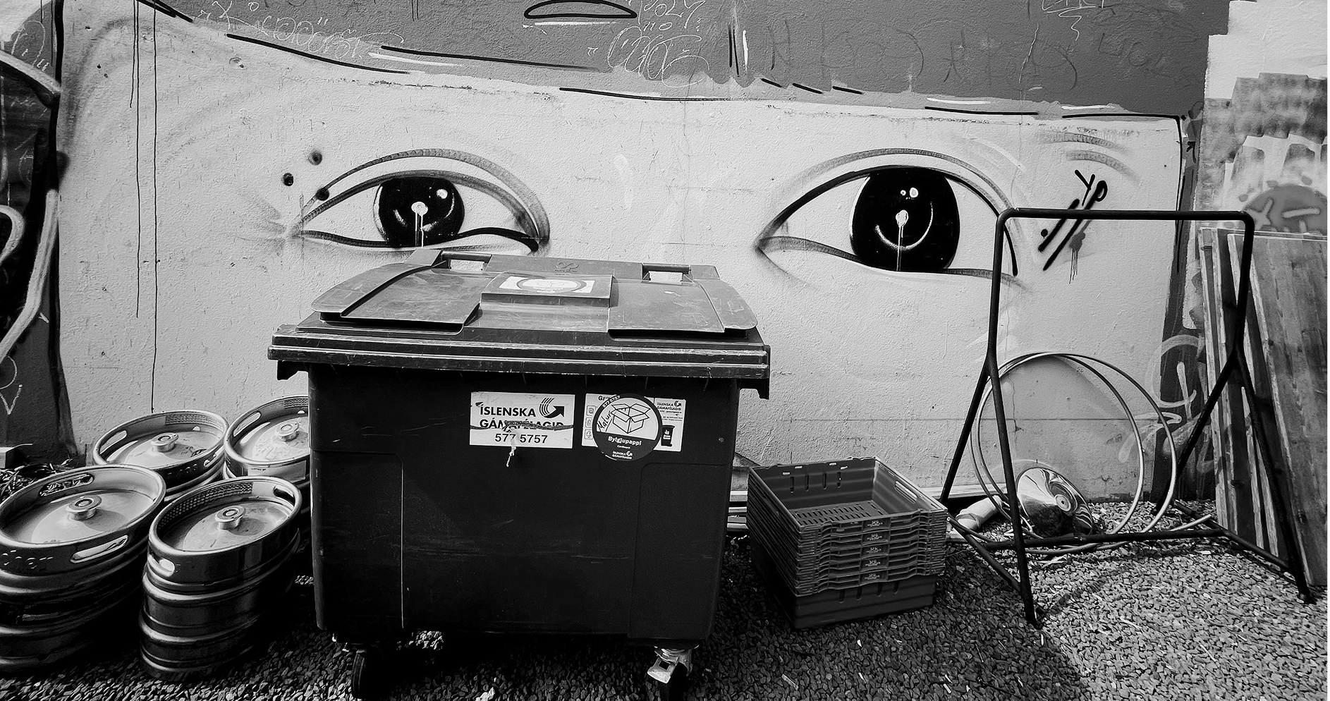 Graffiti eyes on a wall looking at a trash can